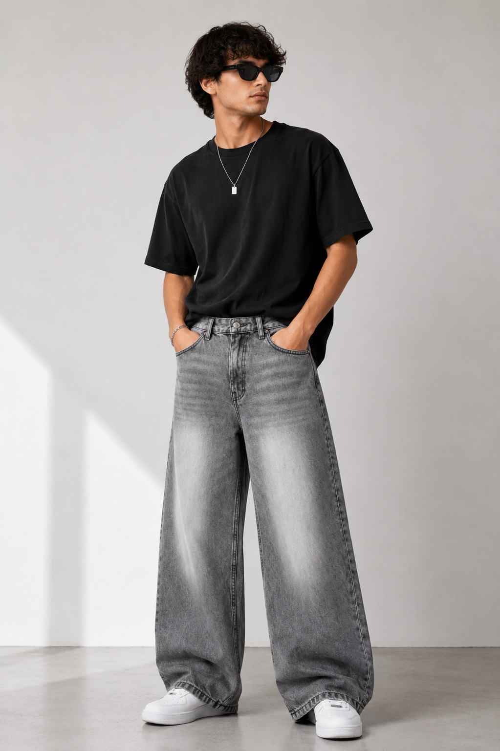 GREY WASHED WIDE LEG JEANS