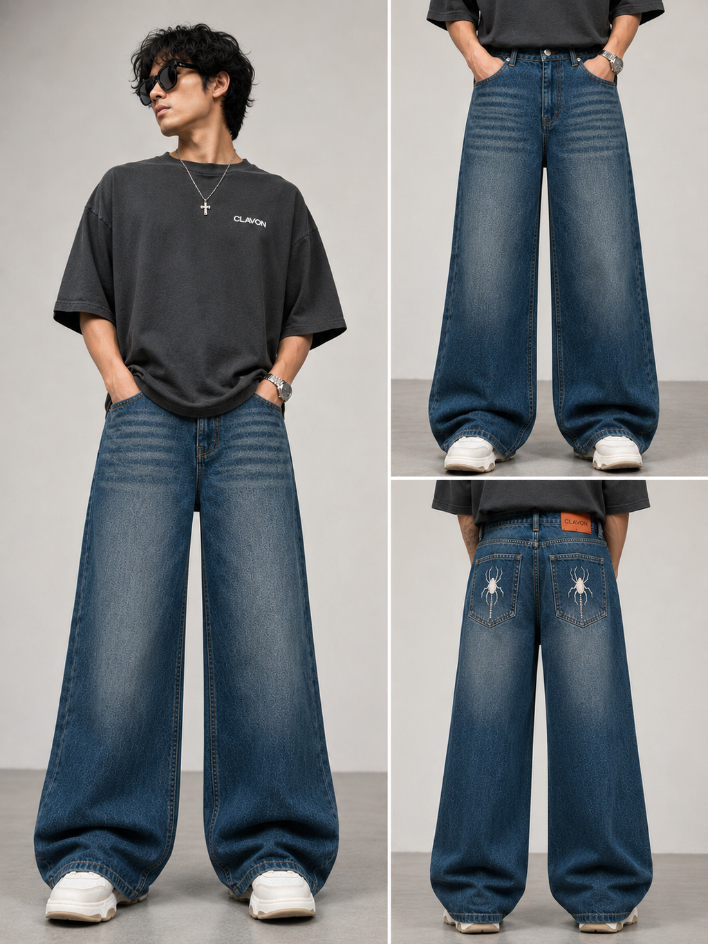 SPIDER EMBROIDERED WIDE LEG JEANS
